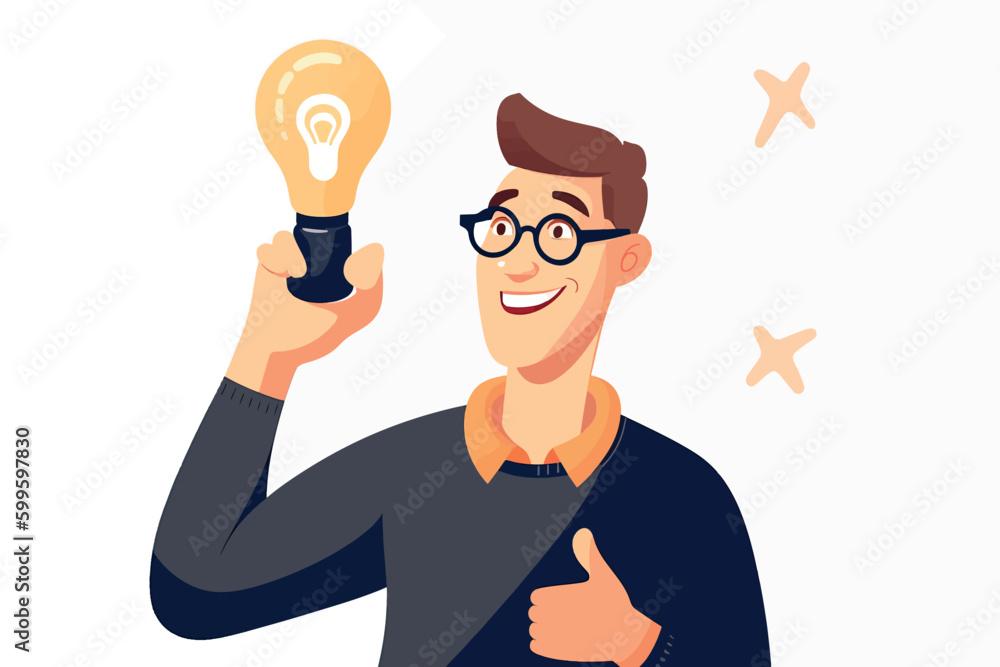 Happy man in glasses holding a lightbulb indicating good idea. Creative brainstorming and decision making concept. Vector illustration Happy man in glasses holding a lightbulb indicating good idea. Creative brainstorming and decision making concept. Vector illustration