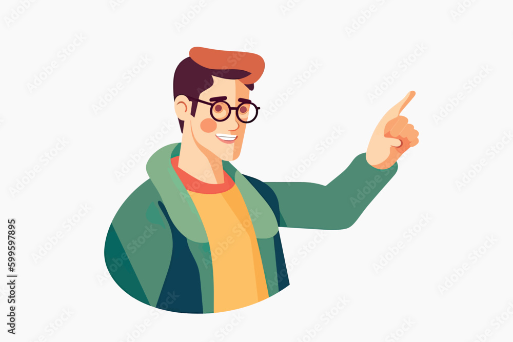 Happy man in glasses pointing finger up indicating good idea. Creative brainstorming and decision making concept. Vector illustration