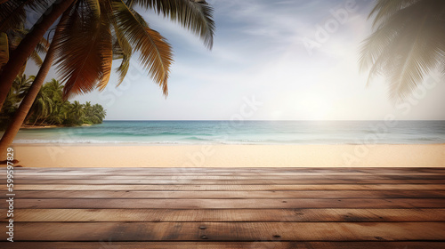 Wooden walk front of the tropical beach in the light of noon. Summer Vacation. Generative AI