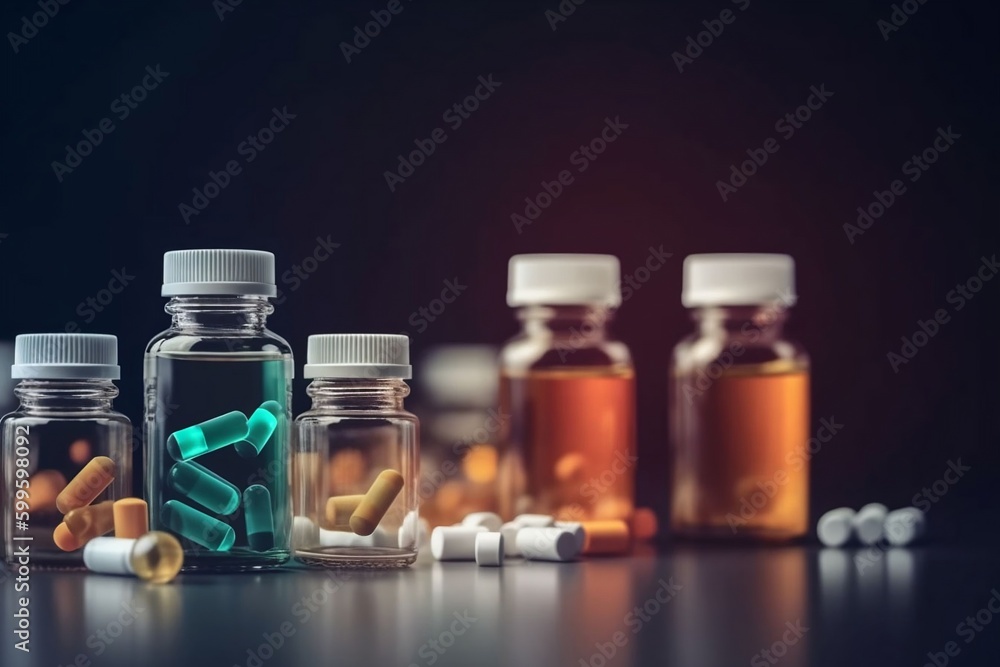 Pharmaceutical and healthcare concepts with different medication and drug research bills and bottles, featuring copy space area for labs. Pharmaceutical and healthcare concepts with different medication and drug research bills and bottles, featuring copy space area for labs.