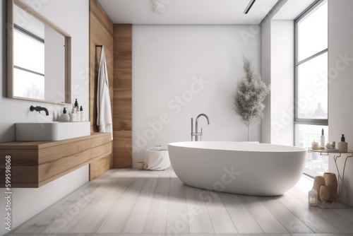 modern luxury white interior bathtub architecture bathroom wood house home indoor. Generative AI.