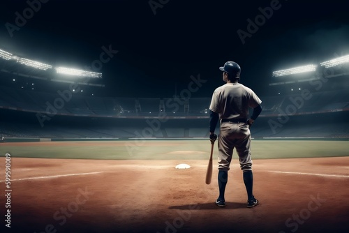 Wide banner with copyspace area featuring a baseball player standing ready in the middle of a baseball arena stadium © 沈 建亨