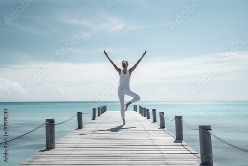 woman young asana fitness sea summer white lifestyle ocean sport yoga. Generative AI.