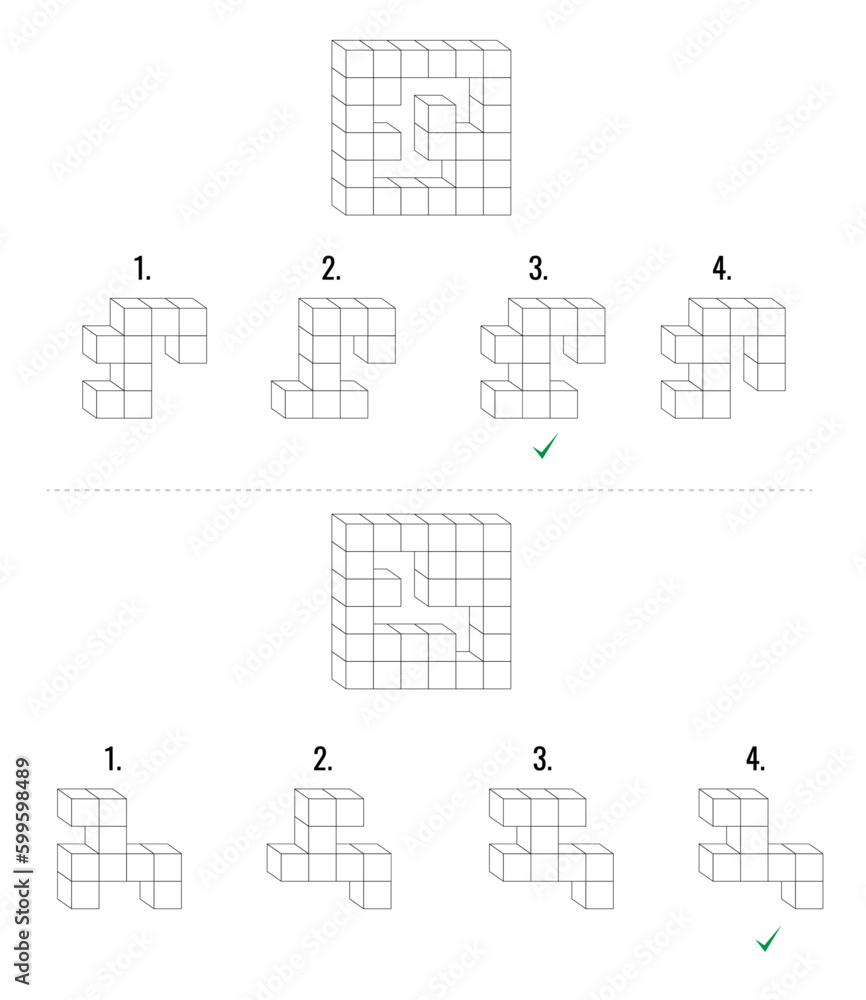 Two IQ abstract reasoning questions white color cubes. One main set and four given options