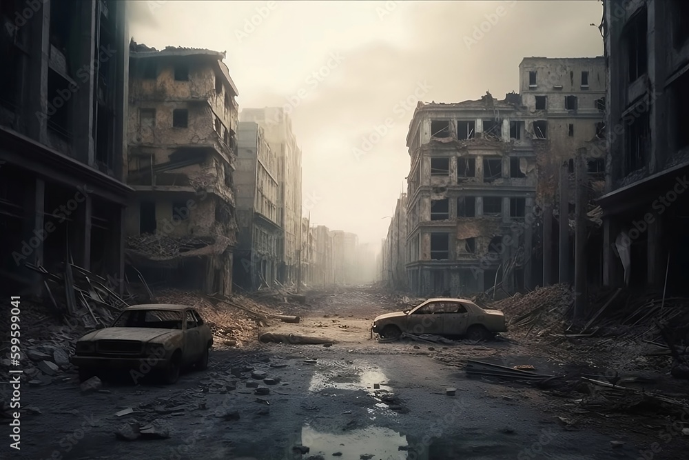 Destroyed buildings and cracked road in a post-apocalyptic city background.