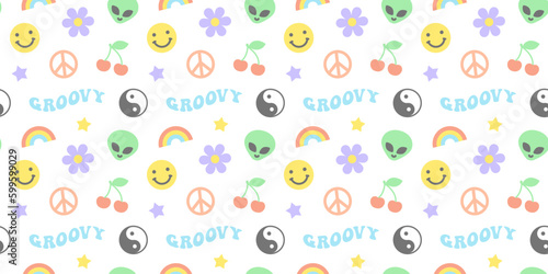 Colorful retro y2k icon seamless pattern illustration with happy faces. Vintage pastel color flower cartoon symbol background in psychedelic style. 