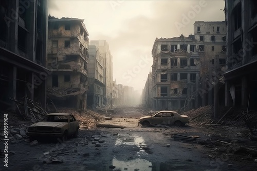 Destroyed buildings and cracked road in a post-apocalyptic city background.