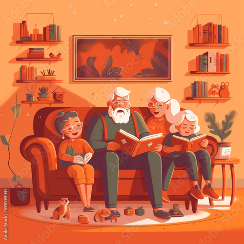 Grandparents with Grandchildren: grandparents and grandchildren spending quality time together, reading a book or playing a game, emphasizing the importance of family in retirement. Generative AI.