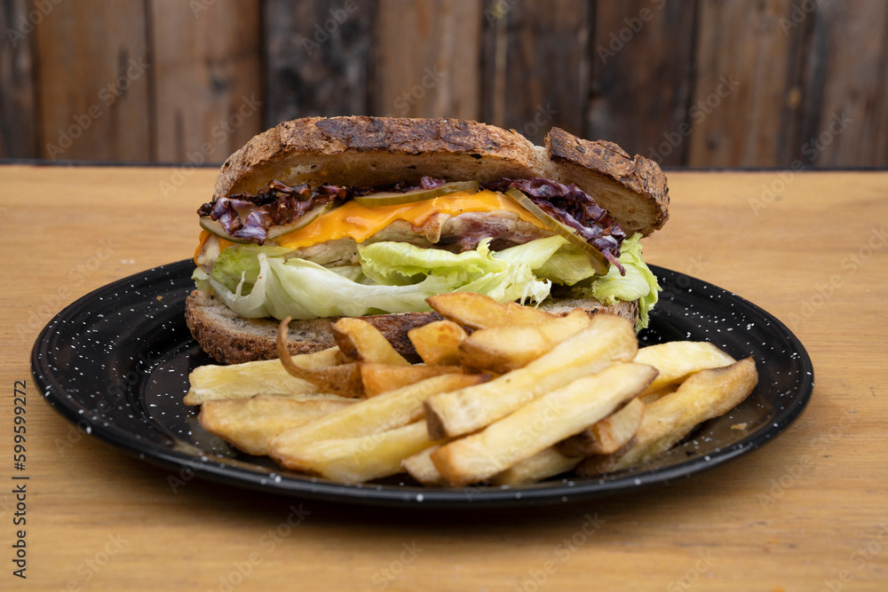 Sandwich. Closeup view of a bun with grilled chicken, lettuce, sliced cabbage, cucumber, cheddar cheese and fries, in a black dish on the wooden table.