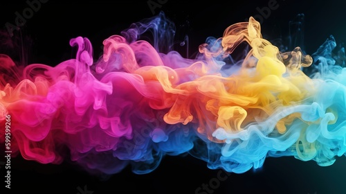 Rainbow smoke. Colored Mist. Ink water. Rainbow color vapor cloud on dark black. abstract wallpaper