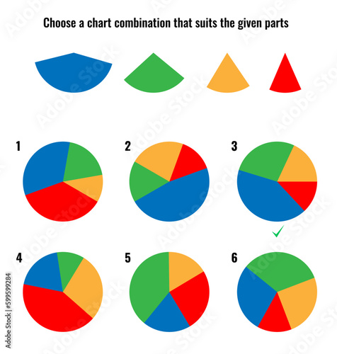 IQ abstract reasoning test with four pie chart segments and six completed charts as options
