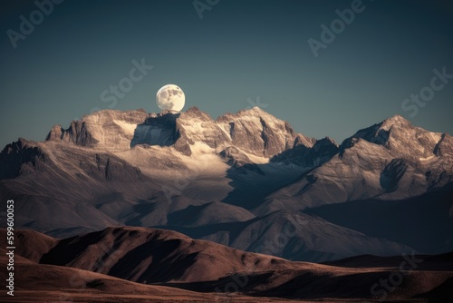 majestic mountain range with a full moon shining down on the peaks, created with generative ai