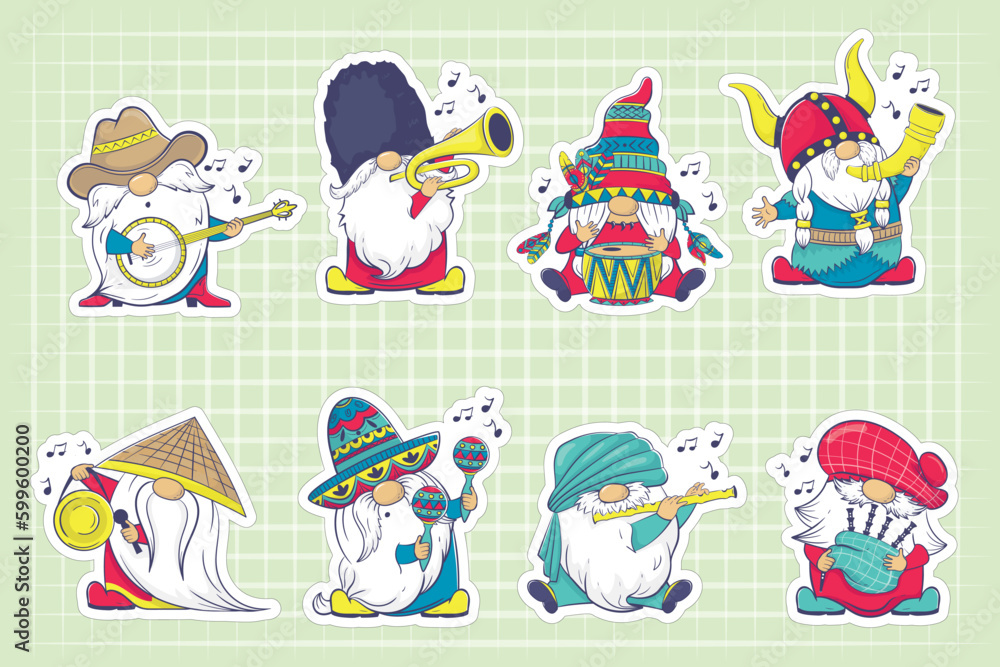 Bundle of stickers with Gnomes Playing Instruments from Diverse Cultures Bundle of stickers with Gnomes Playing Instruments from Diverse Cultures