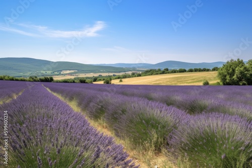 lavender field with rolling hills and clear blue sky, created with generative ai