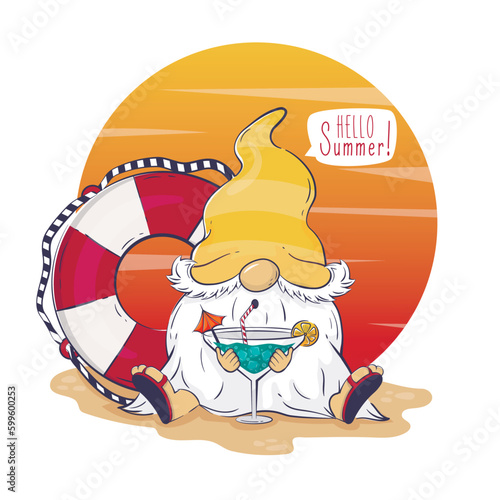 Hello summer cartoon cute leprechaun drinking a cocktail on the beach against sunset and lifeline.