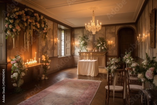 ceremony room, with flowers, candles and music for a romantic setting, created with generative ai