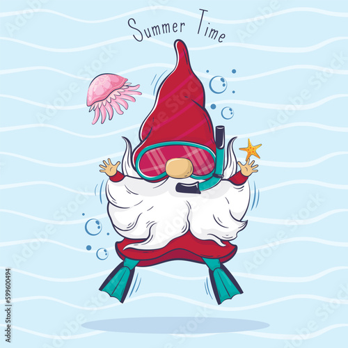 Hello summer cartoon cute gnome is diving around jellyfish. Summer time lettering.