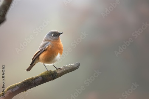 redstart bird on branch, with view of misty woodland, created with generative ai