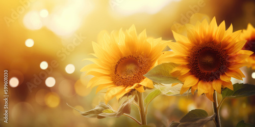 Sunflowers. Sunflowers field. Two Sunflower on a blurred summer nature background. Elegant Floral Background for greeting card for Birthday, Fathers Day, Mother's day. Generative ai illustration
