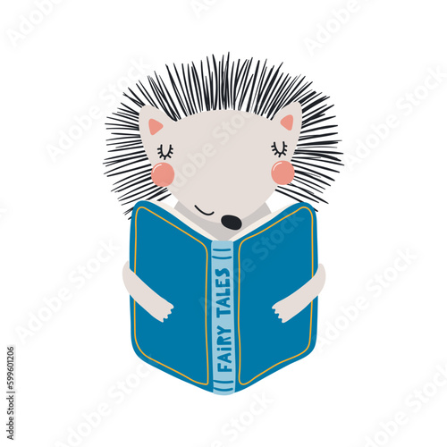 Cute funny hedgehog reading book cartoon character illustration. Hand drawn Scandinavian style flat design, isolated vector. Kids print element, book lover, education, literature, library, bookstore