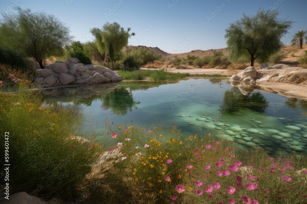 oasis with crystal-clear water, surrounded by blooming desert flora, created with generative ai oasis with crystal-clear water, surrounded by blooming desert flora, created with generative ai