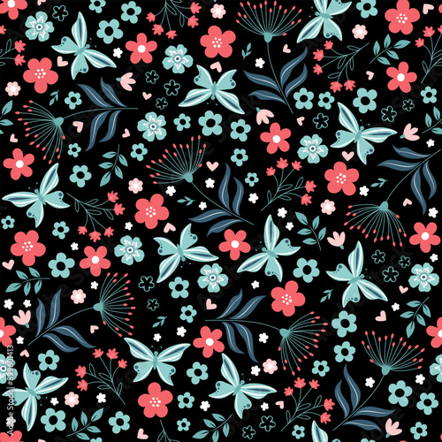 Wallpaper Mural Spring seamless pattern on multi colored flowers background. Flowers, leaves, twigs and butterfly Torontodigital.ca