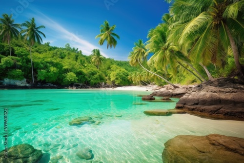tropical beach surrounded by palm trees and crystal clear water  created with generative ai