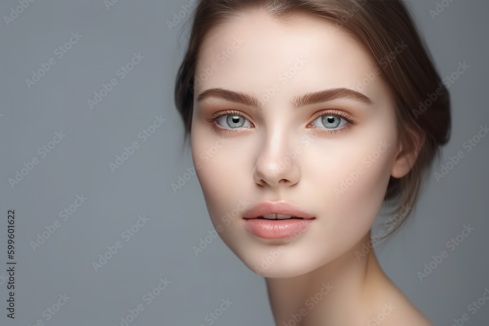 Beautiful woman with clean skin on light blue background, Generative AI Beautiful woman with clean skin on light blue background, Generative AI