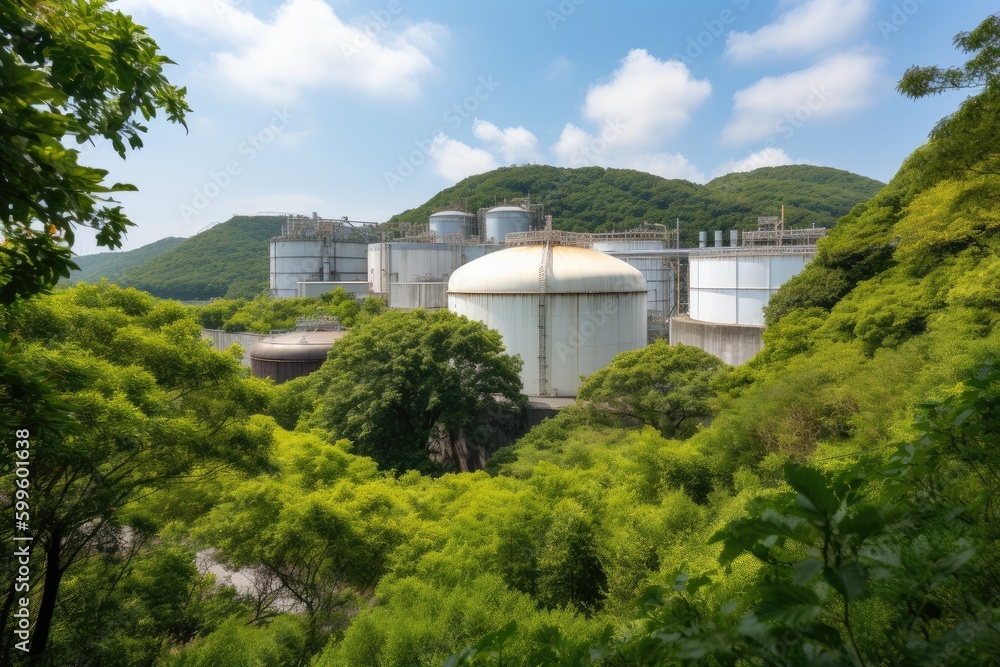nuclear power plant, with storage tanks and pipes visible, surrounded by lush greenery, created with generative ai nuclear power plant, with storage tanks and pipes visible, surrounded by lush greenery, created with generative ai