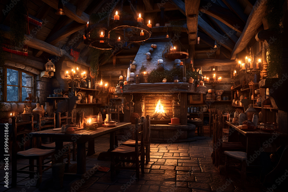 Fantasy medieval tavern inn interior with bread, food and drink on tables, burning open fireplace, candles and moonlight through a window, medieval pub inside at night. generative ai