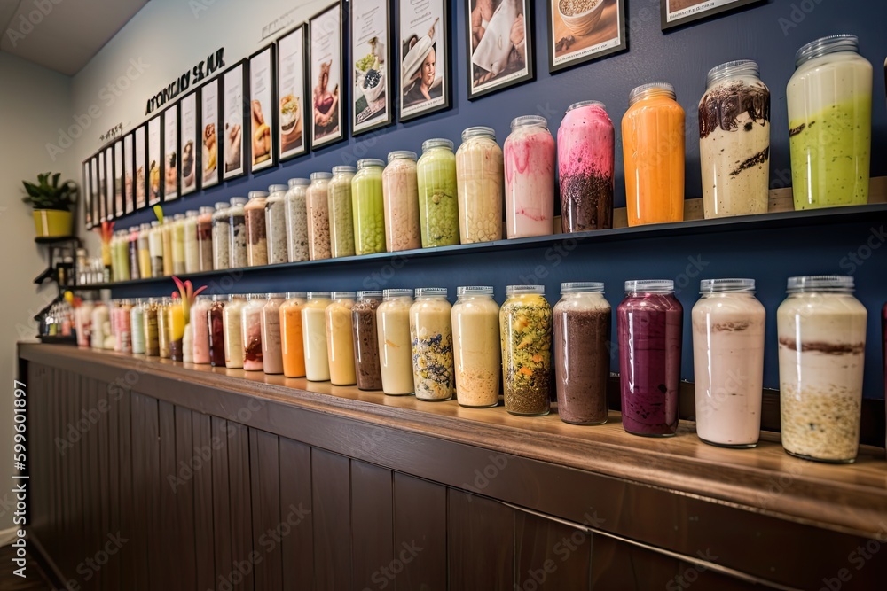 wall of smoothie and shake photos, each one showcasing a different flavor, created with generative ai