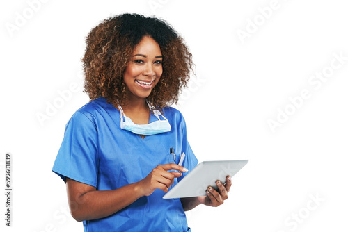 Portrait, tablet and black woman nurse with technology or healthcare or medical physician smiling and isolated on a transparent png background. Wellness, research and female person with digital check photo