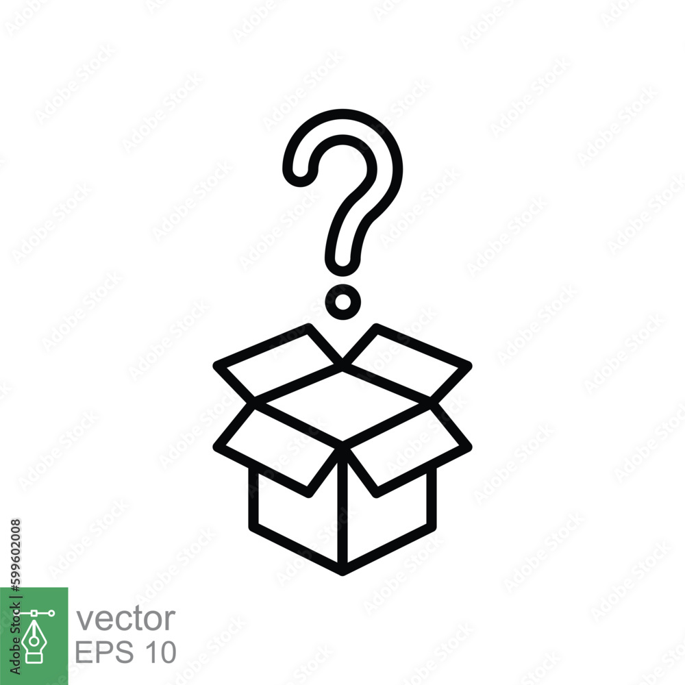 Mystery box icon. Simple outline style. Random box carton with question mark, riddle, secret, gift concept. Thin line symbol. Vector symbol illustration isolated on white background. EPS 10. Mystery box icon. Simple outline style. Random box carton with question mark, riddle, secret, gift concept. Thin line symbol. Vector symbol illustration isolated on white background. EPS 10.