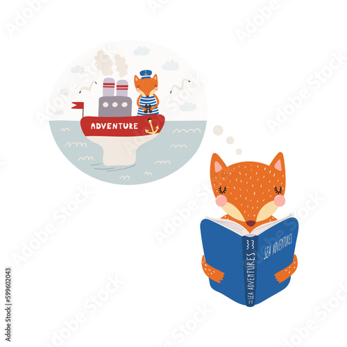 Cute funny fox reading book cartoon character illustration. Hand drawn Scandinavian style flat design, isolated vector. Kids print element, book lover, education, literature, library, bookstore