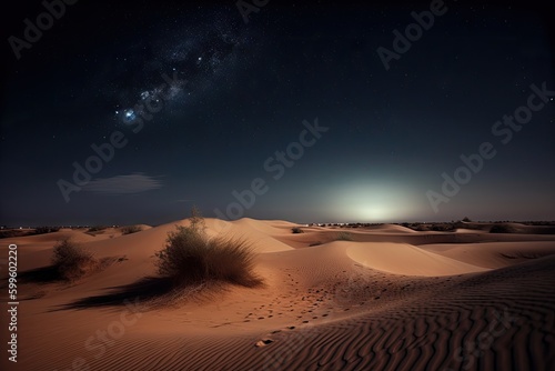 twinkling stars and the moon above the dunes in a desert night sky, created with generative ai