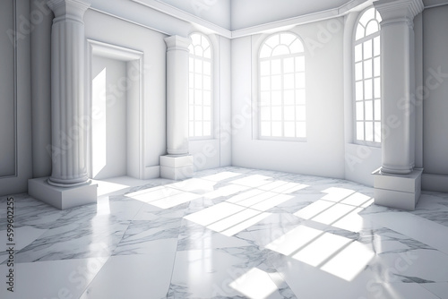 White Marble Luxury Interior Room with Sunny Window. AI generative
