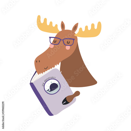 Cute funny moose reading book cartoon character illustration. Hand drawn Scandinavian style flat design, isolated vector. Kids print element, book lover, education, literature, library, bookstore
