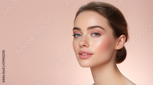 Make-up model on light pink background, Generative AI