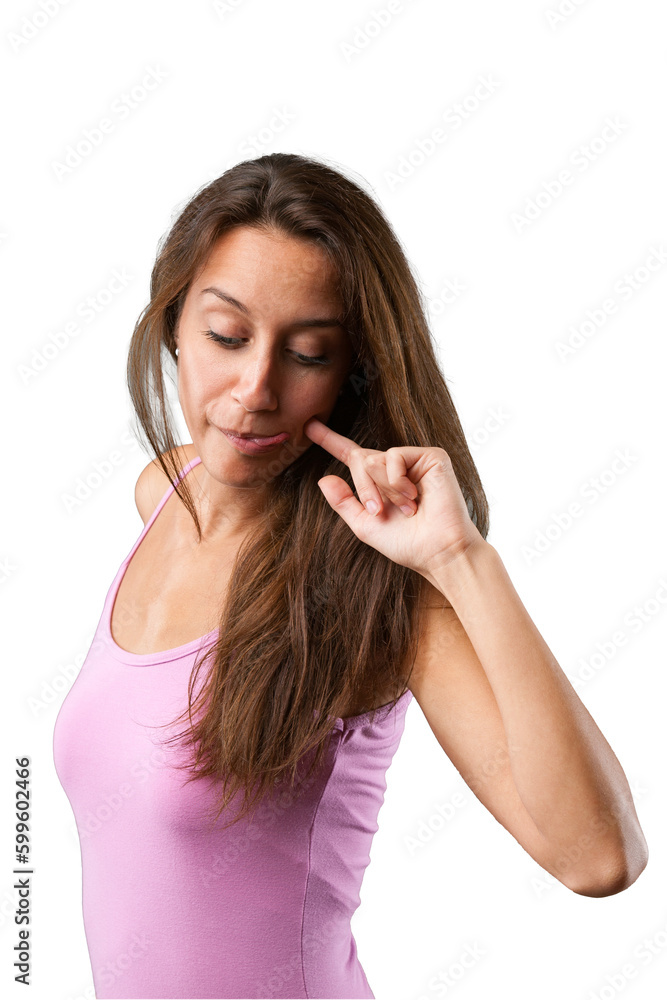 Woman imagines delicious dish on transparent Woman imagines delicious dish on transparent