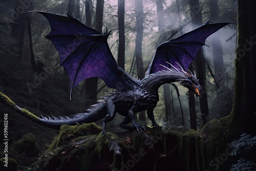 majestic purple dragon flying through dark forest, created with generative ai