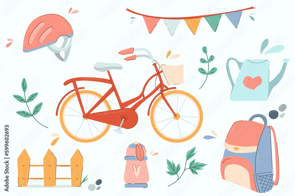 Fototapeta premium A set of cozy illustrations of a bicycle, helmet, watering can, backpack, thermos, fence.Family bike ride.Active grandparents ride tandem bike in park. Family traveling on bike. World Bicycle Day.
