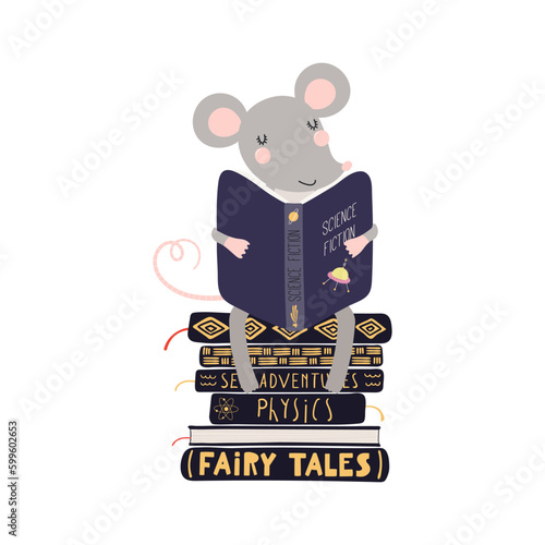 Cute funny mouse reading book cartoon character illustration. Hand drawn Scandinavian style flat design, isolated vector. Kids print element, book lover, education, literature, library, bookstore