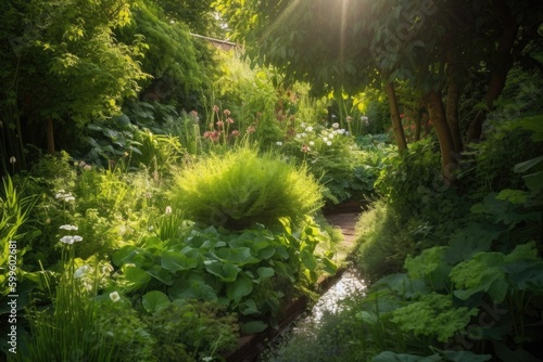 close-up of a lush green garden with the sun shining through  created with generative ai