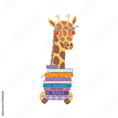 Cute funny giraffe carrying pile of books cartoon character illustration. Hand drawn Scandinavian style flat design, isolated vector. Kids print element, book lover, literature, library, bookstore