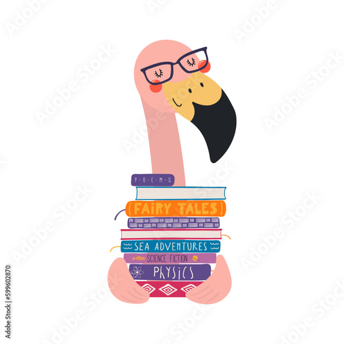 Cute funny flamingo carrying pile of books cartoon character illustration. Hand drawn Scandinavian style flat design, isolated vector. Kids print element, book lover, literature, library, bookstore