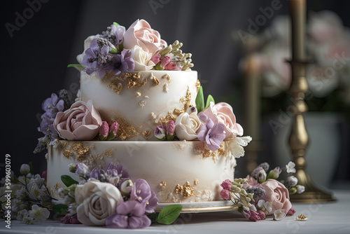 Floral Wedding Cake at a Party - Generative Ai © DigitalMuse