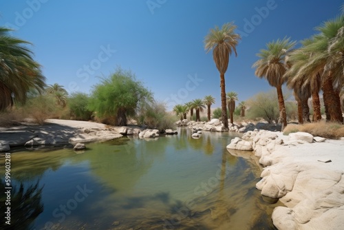 desert oasis  with palm trees and clear blue skies  in hot and arid environment  created with generative ai