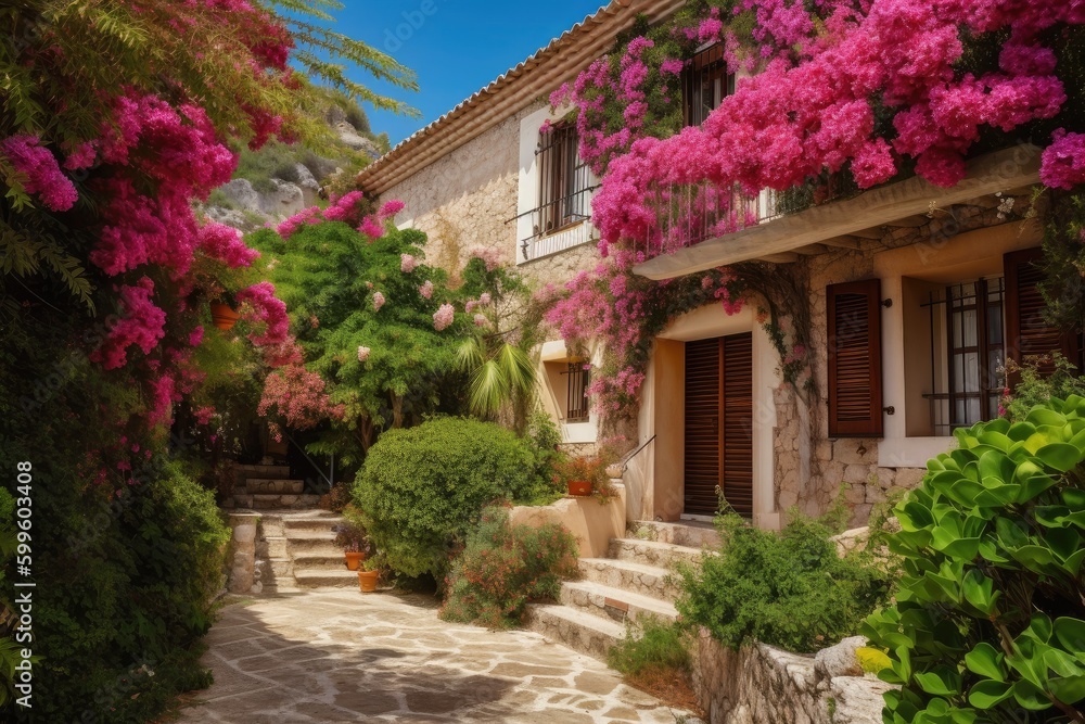 mediterranean house, surrounded by lush greenery and blooming flowers, created with generative ai
