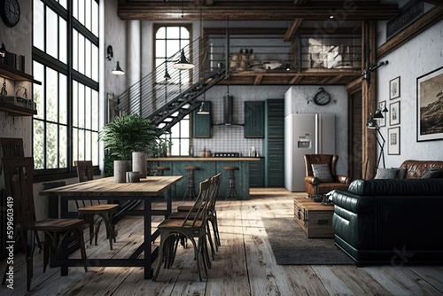 industrial home with minimalist and rustic design, featuring wooden furniture and metal accents, created with generative ai