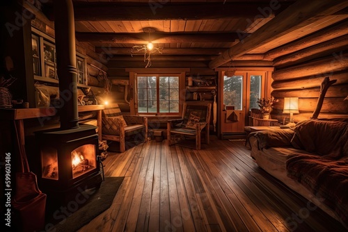 cozy cabin retreat with warm fire and marshmallows, surrounded by the sounds of nature, created with generative ai